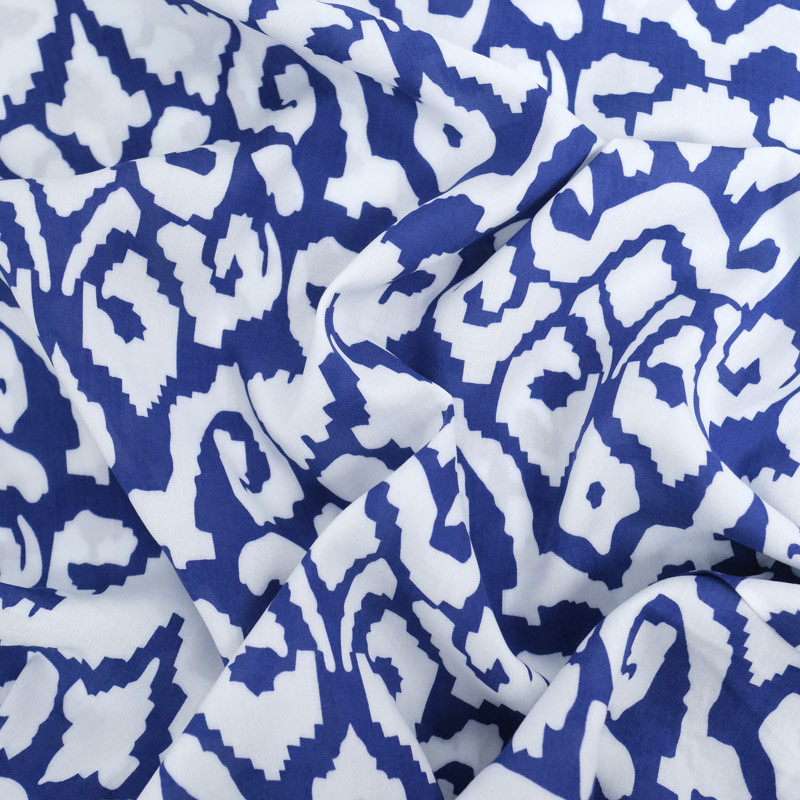 White and Navy Blue Ethnic-Print Viscose - Maison Klem